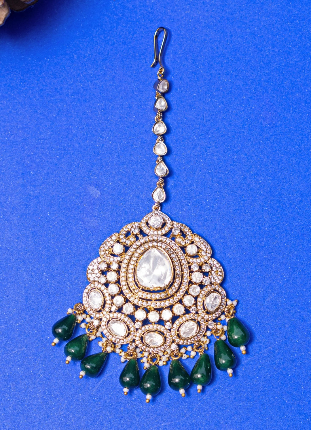 Faux Diamond With Emerald Green Pearl Mangtikka Zevar by Geeta - Fabilicious Fashion