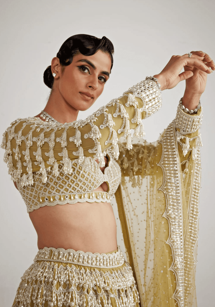 Fern Green Chandelier Pearl Bridal Lehenga Set Vvani By Vani Vats - Fabilicious Fashion