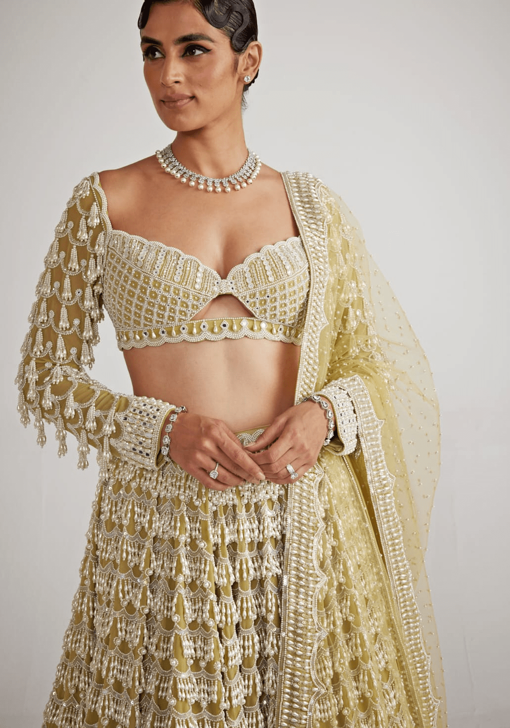Fern Green Chandelier Pearl Bridal Lehenga Set Vvani By Vani Vats - Fabilicious Fashion