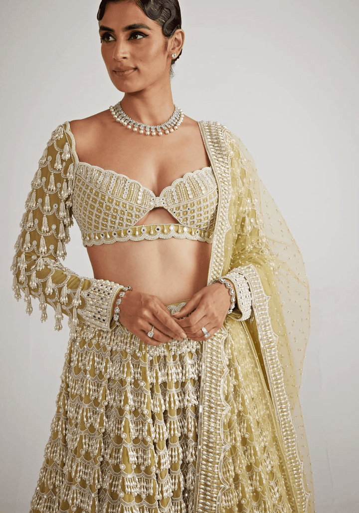 Fern Green Chandelier Pearl Bridal Lehenga Set Vvani By Vani Vats - Fabilicious Fashion