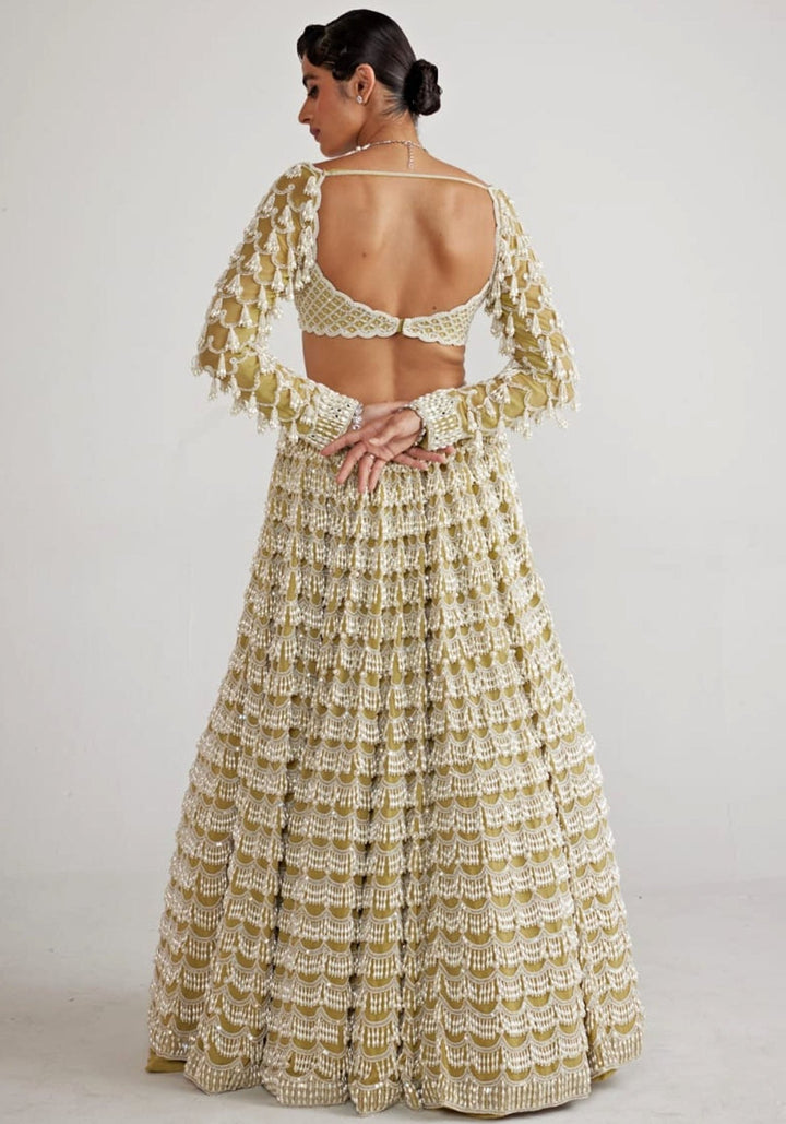 Fern Green Chandelier Pearl Bridal Lehenga Set Vvani By Vani Vats - Fabilicious Fashion