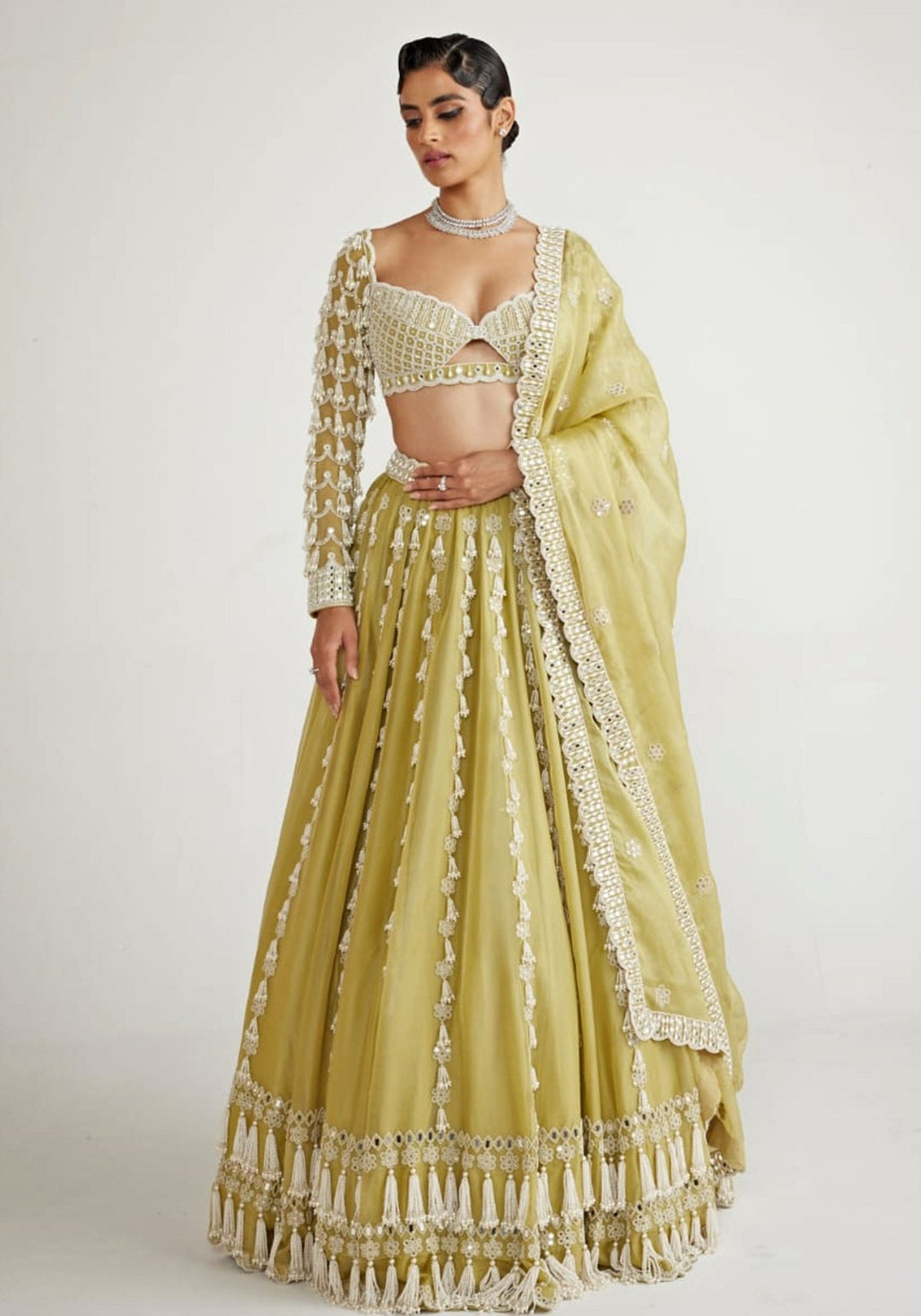 Fern Green Chandelier Pearl Drop Bridal Lehenga Set Vvani By Vani Vats - Fabilicious Fashion