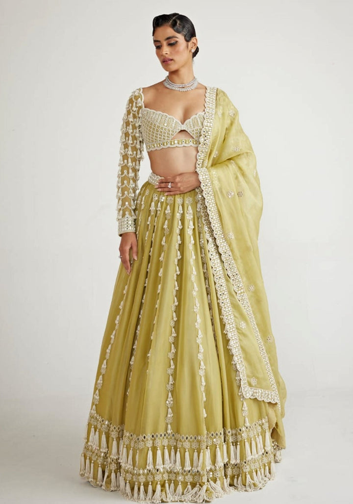 Fern Green Chandelier Pearl Drop Bridal Lehenga Set Vvani By Vani Vats - Fabilicious Fashion
