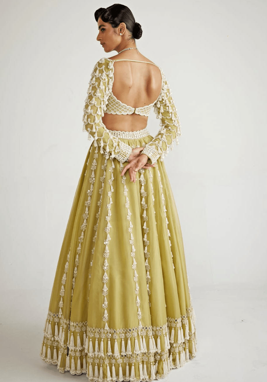 Fern Green Chandelier Pearl Drop Bridal Lehenga Set Vvani By Vani Vats - Fabilicious Fashion