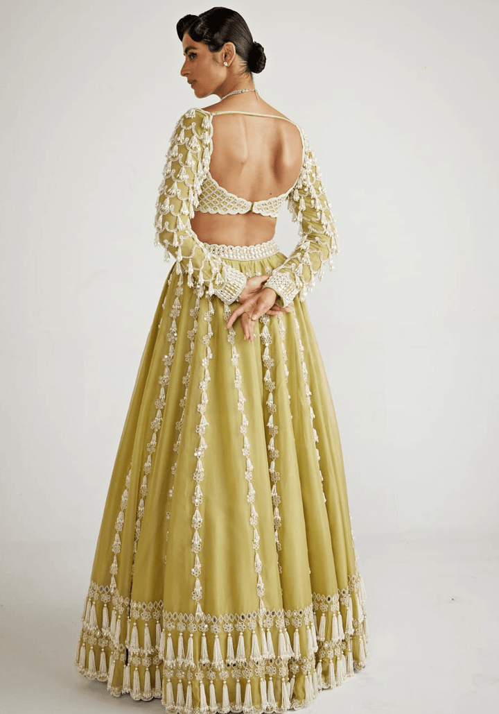 Fern Green Chandelier Pearl Drop Bridal Lehenga Set Vvani By Vani Vats - Fabilicious Fashion
