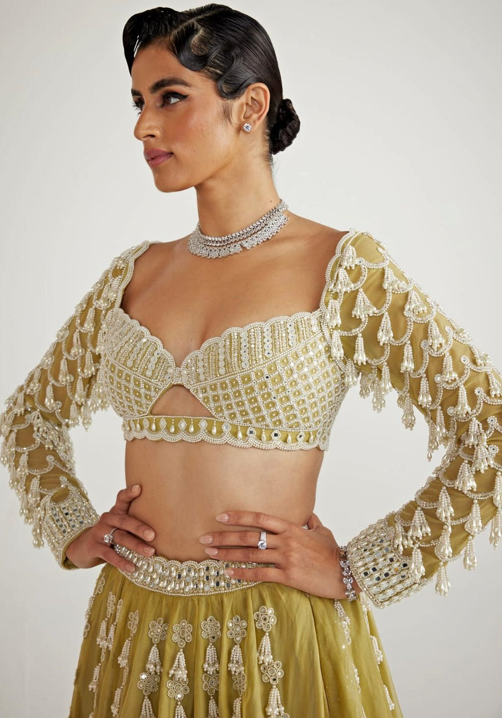 Fern Green Chandelier Pearl Drop Bridal Lehenga Set Vvani By Vani Vats - Fabilicious Fashion