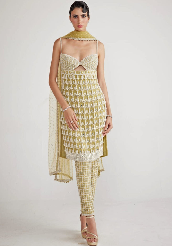 Fern Green Chandelier Pearl Drop Kurta Set Vvani By Vani Vats - Fabilicious Fashion