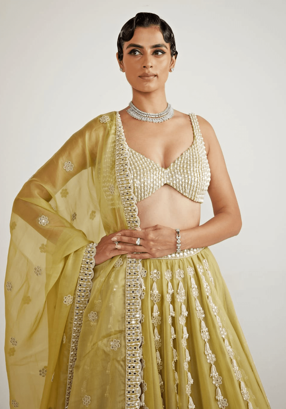 Fern Green Chandelier Pearl Drop Lehenga Set Vvani By Vani Vats - Fabilicious Fashion