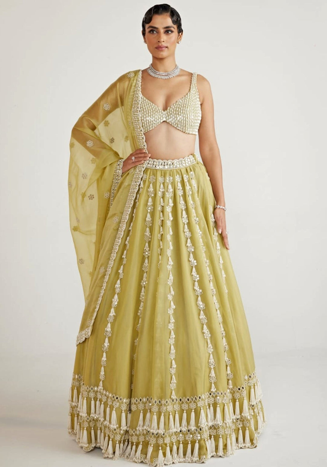 Fern Green Chandelier Pearl Drop Lehenga Set Vvani By Vani Vats - Fabilicious Fashion