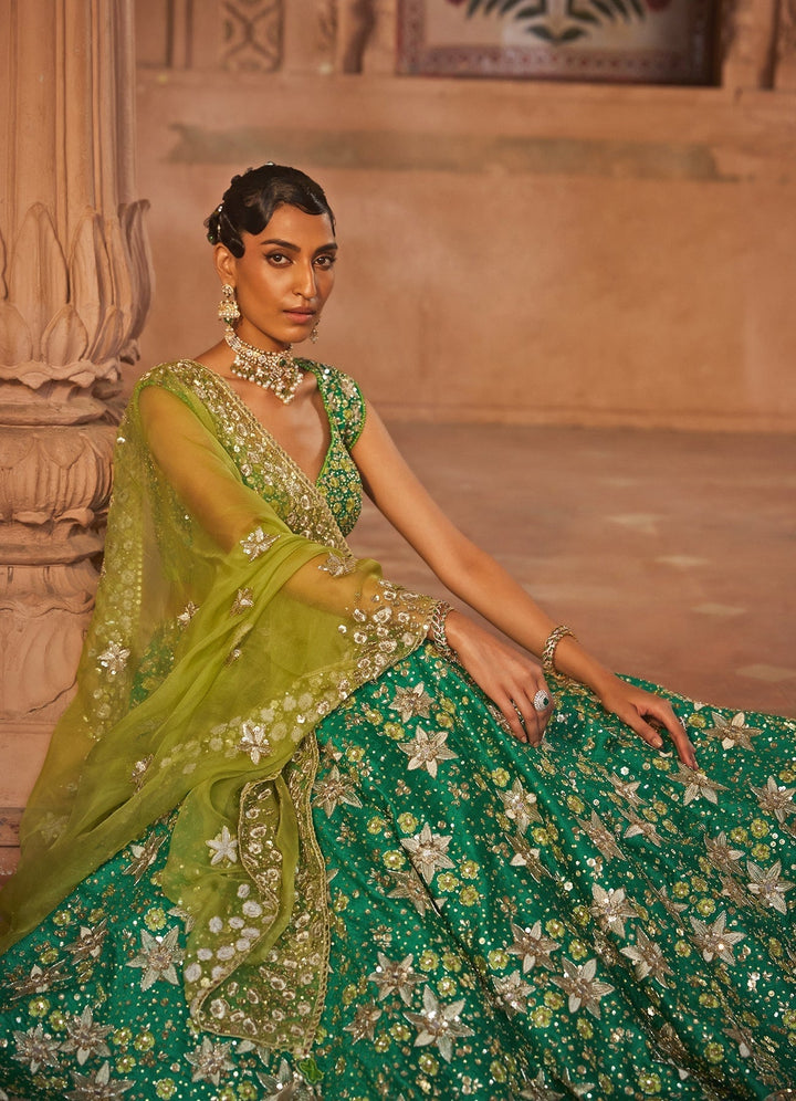 Fern Green Silk Embellished Lehenga With Contrast Dupatta Prevasu - Fabilicious Fashion