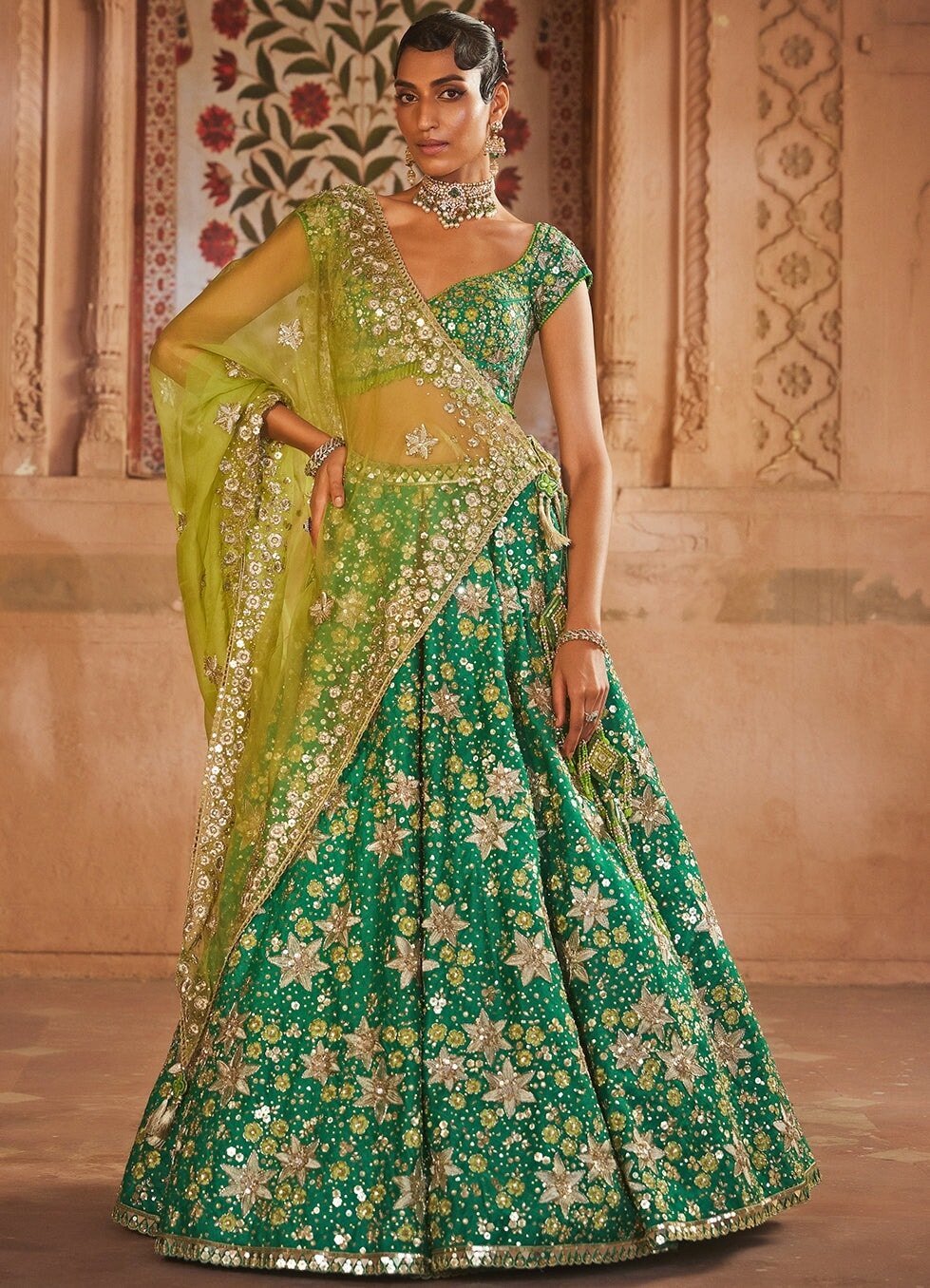 Fern Green Silk Embellished Lehenga With Contrast Dupatta Prevasu - Fabilicious Fashion