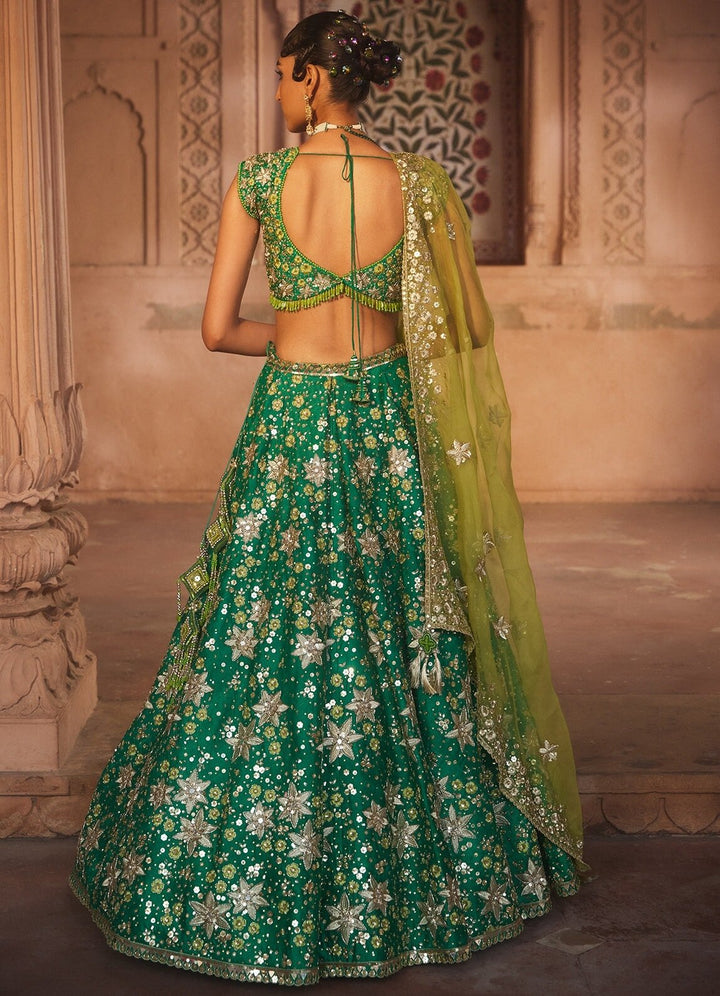 Fern Green Silk Embellished Lehenga With Contrast Dupatta Prevasu - Fabilicious Fashion