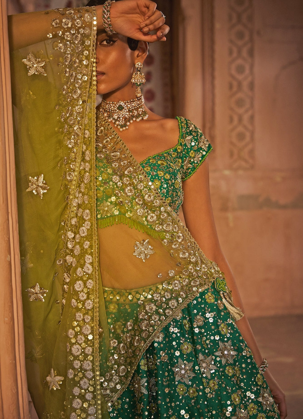 Fern Green Silk Embellished Lehenga With Contrast Dupatta Prevasu - Fabilicious Fashion