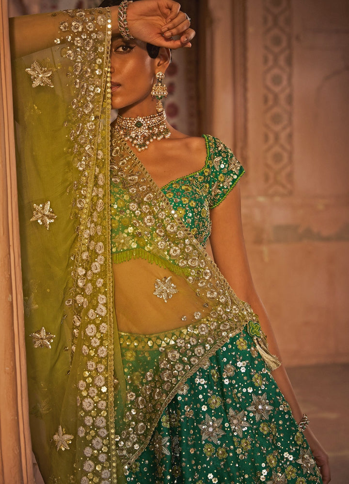 Fern Green Silk Embellished Lehenga With Contrast Dupatta Prevasu - Fabilicious Fashion