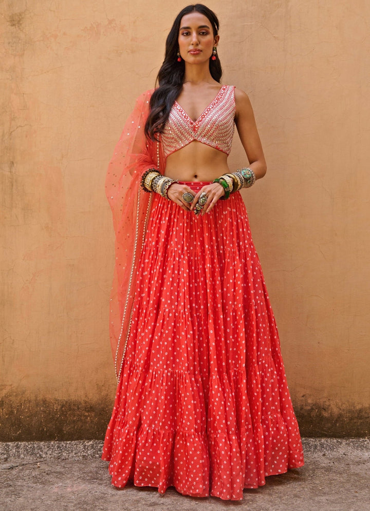 Festive Orange Bandhani Lehenga Set Chamee n Palak - Fabilicious Fashion