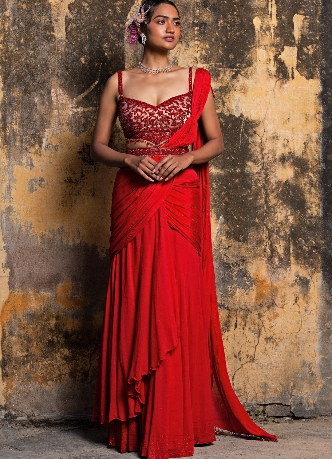 Fiery Red Georgette Drape Saree With Belt Nitika Gujral - Fabilicious Fashion