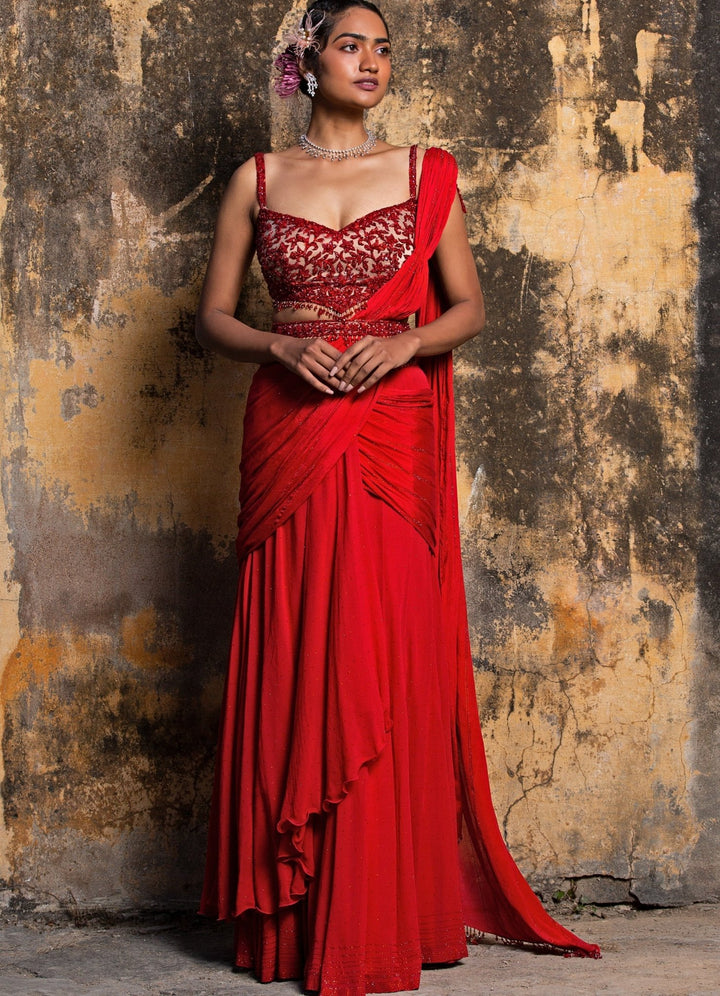 Fiery Red Georgette Drape Saree With Belt Nitika Gujral - Fabilicious Fashion