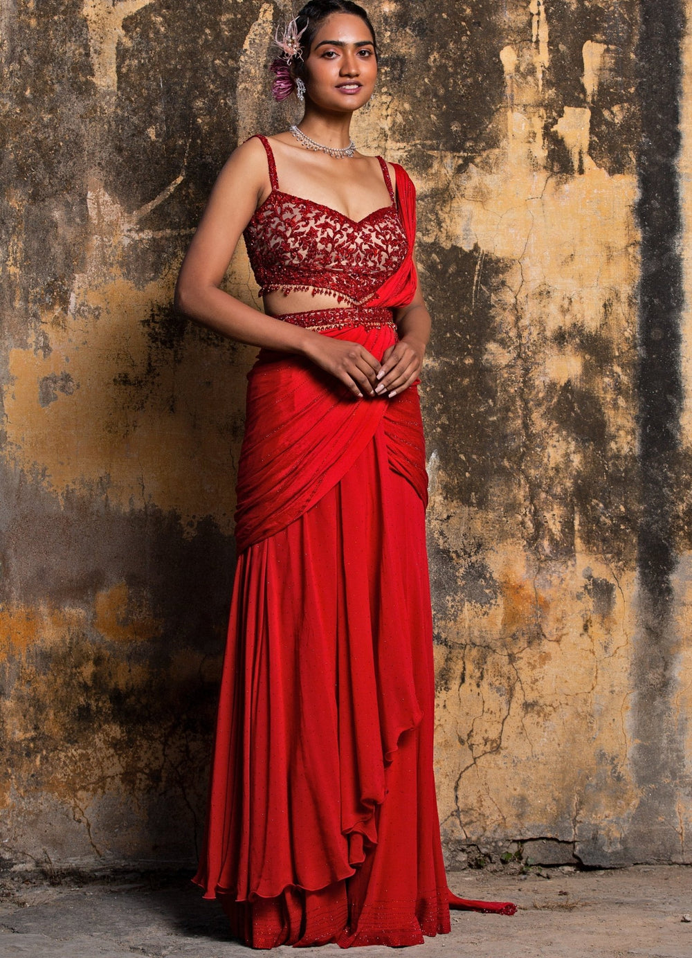 Fiery Red Georgette Drape Saree With Belt Nitika Gujral - Fabilicious Fashion