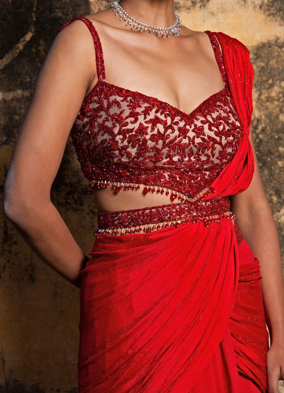Fiery Red Georgette Drape Saree With Belt Nitika Gujral - Fabilicious Fashion
