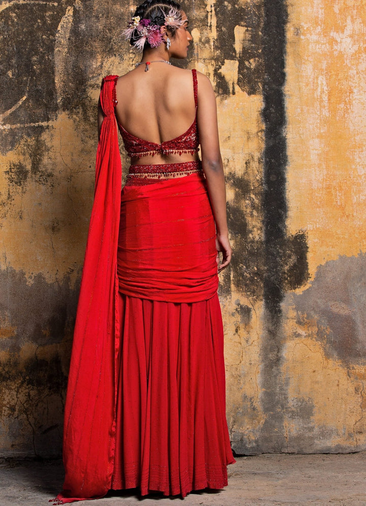 Fiery Red Georgette Drape Saree With Belt Nitika Gujral - Fabilicious Fashion