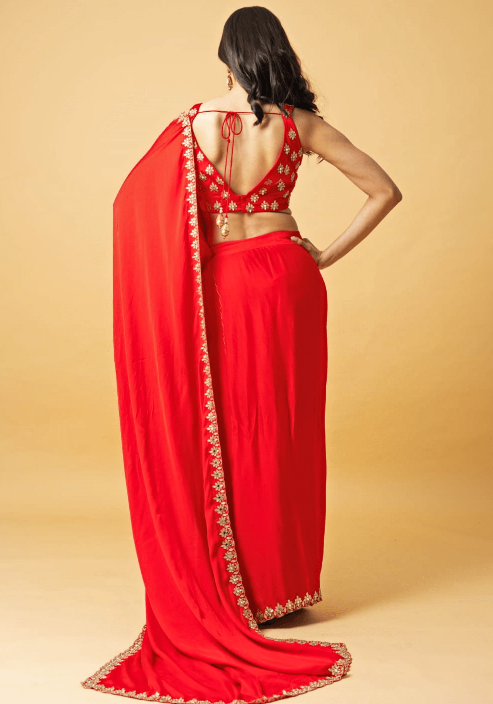 Fire Red Embroidered Pre Draped Saree Quench A Thirst - Fabilicious Fashion
