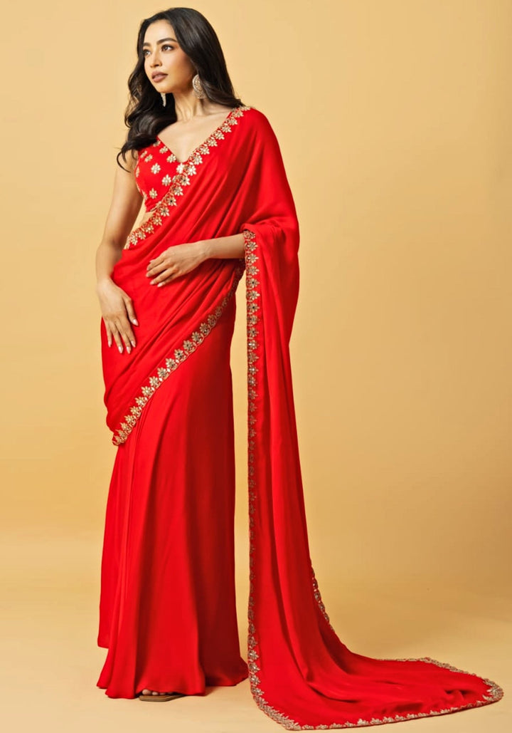 Fire Red Embroidered Pre Draped Saree Quench A Thirst - Fabilicious Fashion