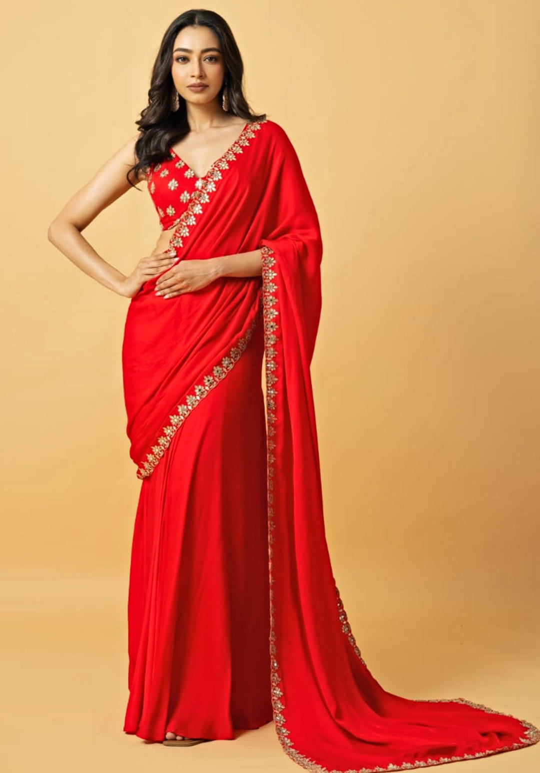 Fire Red Embroidered Pre Draped Saree Quench A Thirst - Fabilicious Fashion