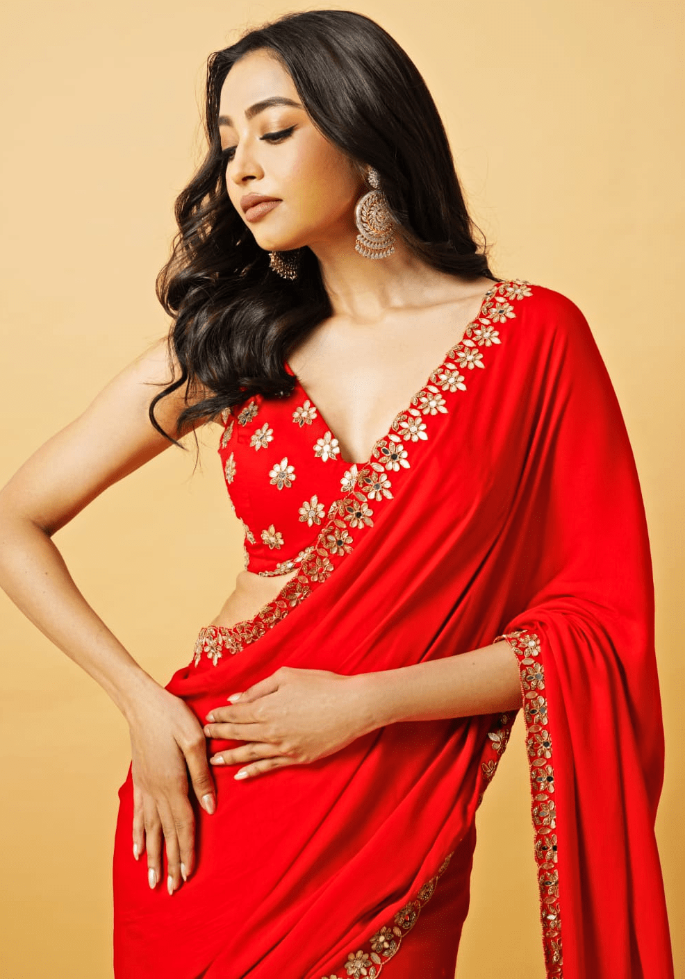 Fire Red Embroidered Pre Draped Saree Quench A Thirst - Fabilicious Fashion