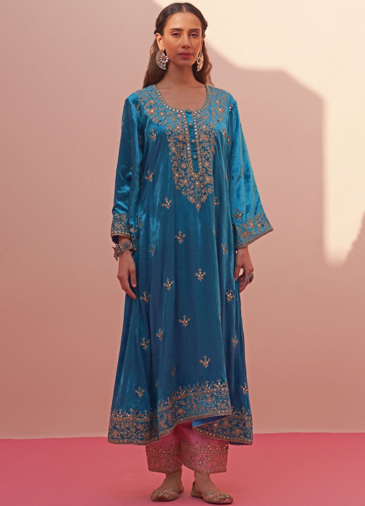 Firozi Blue And Pink Velvet Kurta Set Angad Singh - Fabilicious Fashion
