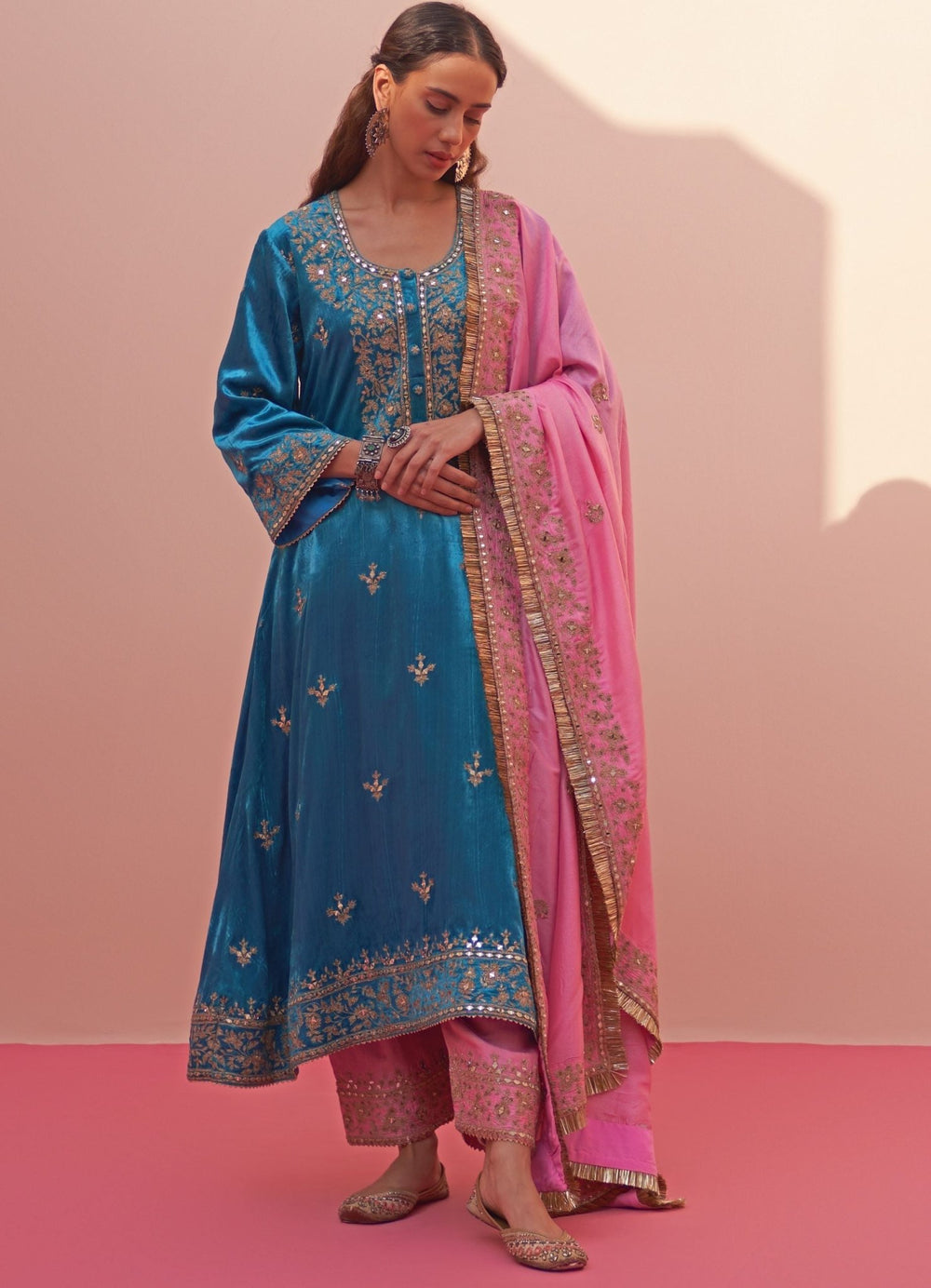 Firozi Blue And Pink Velvet Kurta Set Angad Singh - Fabilicious Fashion