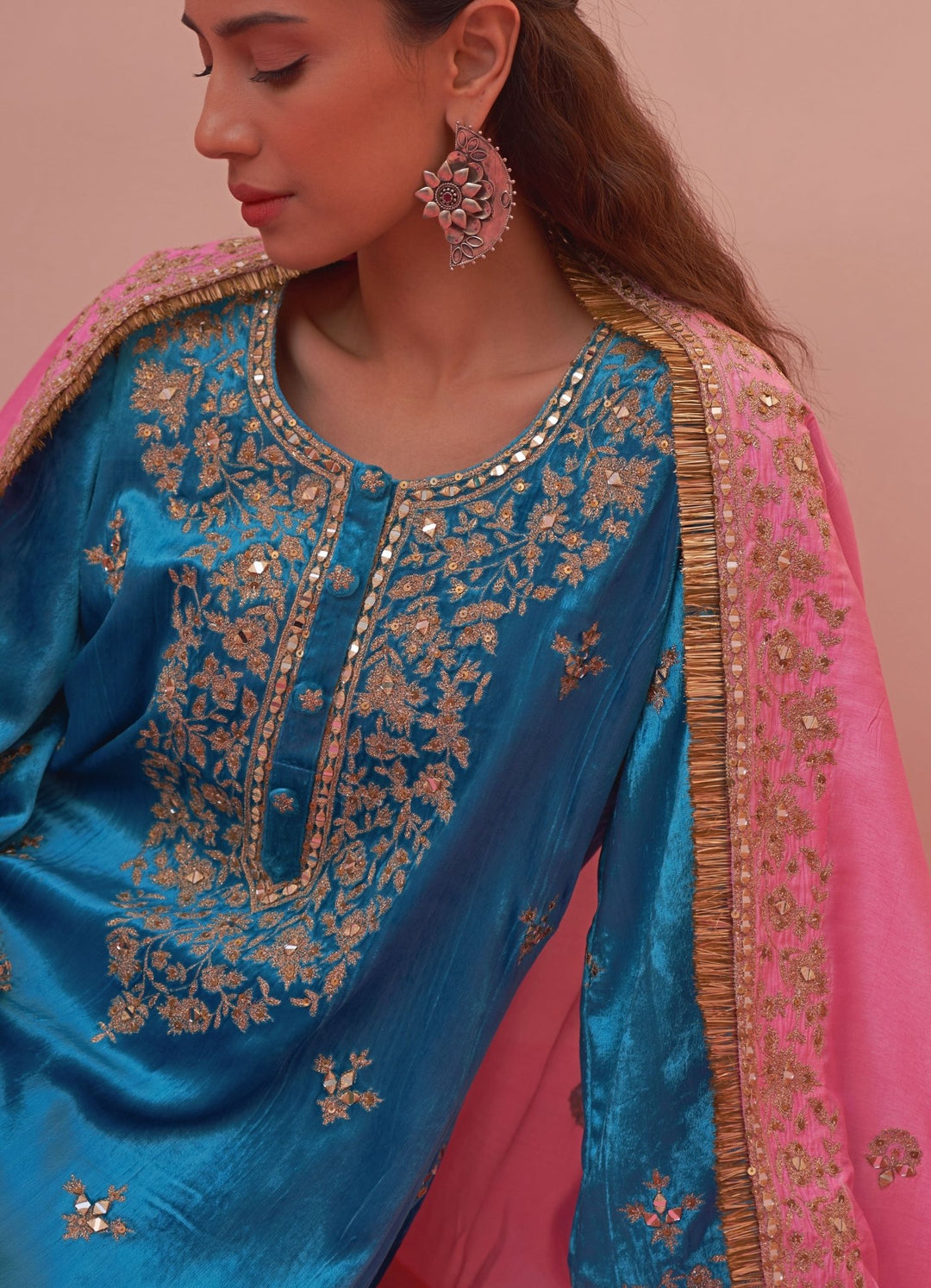 Firozi Blue And Pink Velvet Kurta Set Angad Singh - Fabilicious Fashion