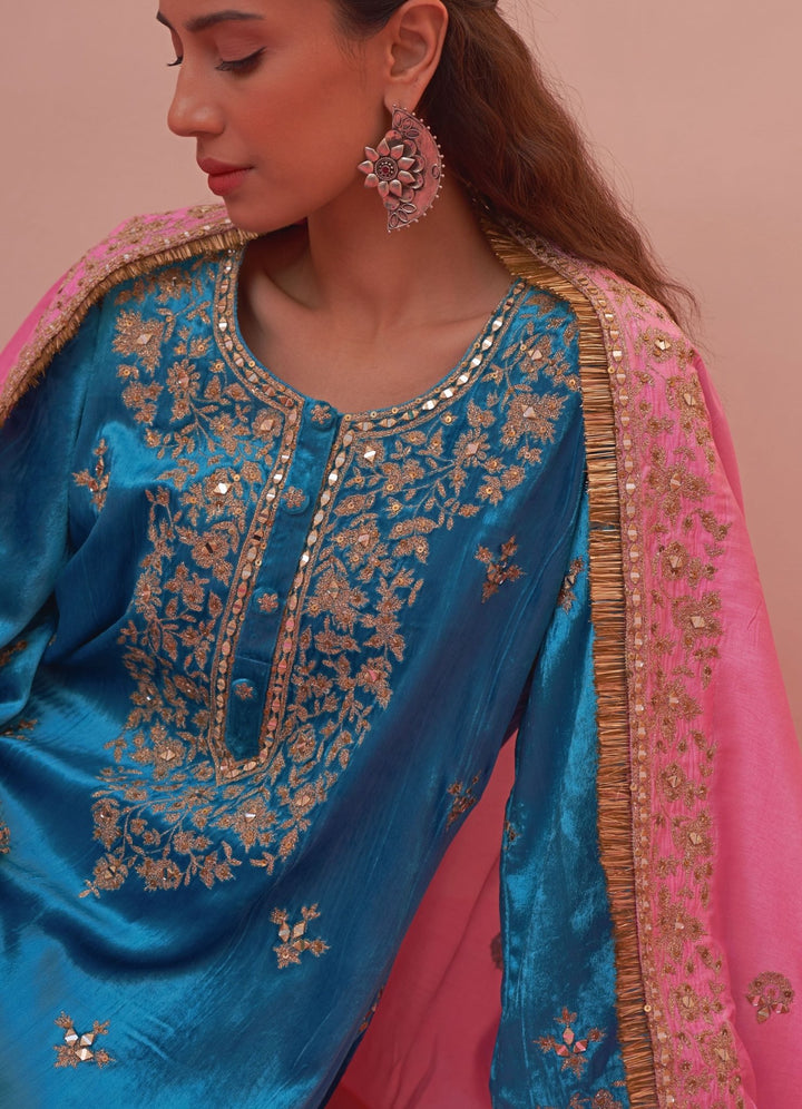 Firozi Blue And Pink Velvet Kurta Set Angad Singh - Fabilicious Fashion