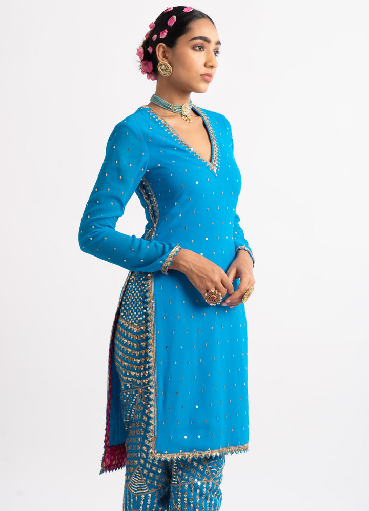 Firozi Blue Multi Geo Pant Kurta Set Vvani by Vani Vats - Fabilicious Fashion