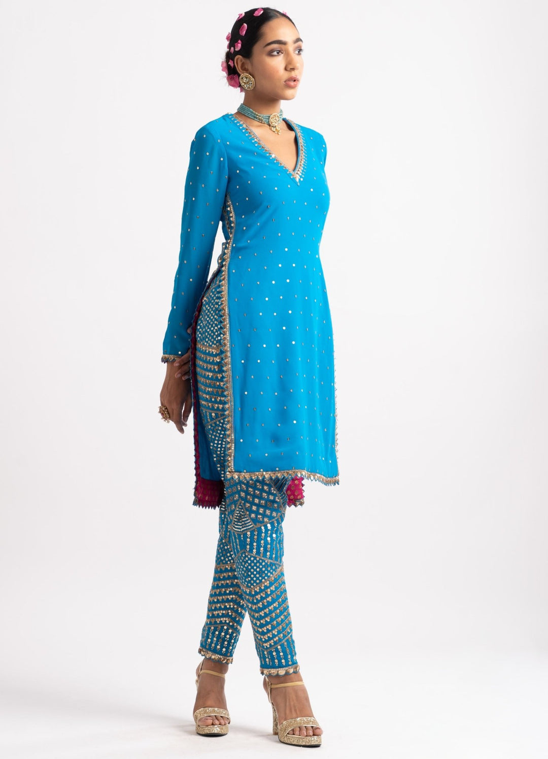 Firozi Blue Multi Geo Pant Kurta Set Vvani by Vani Vats - Fabilicious Fashion