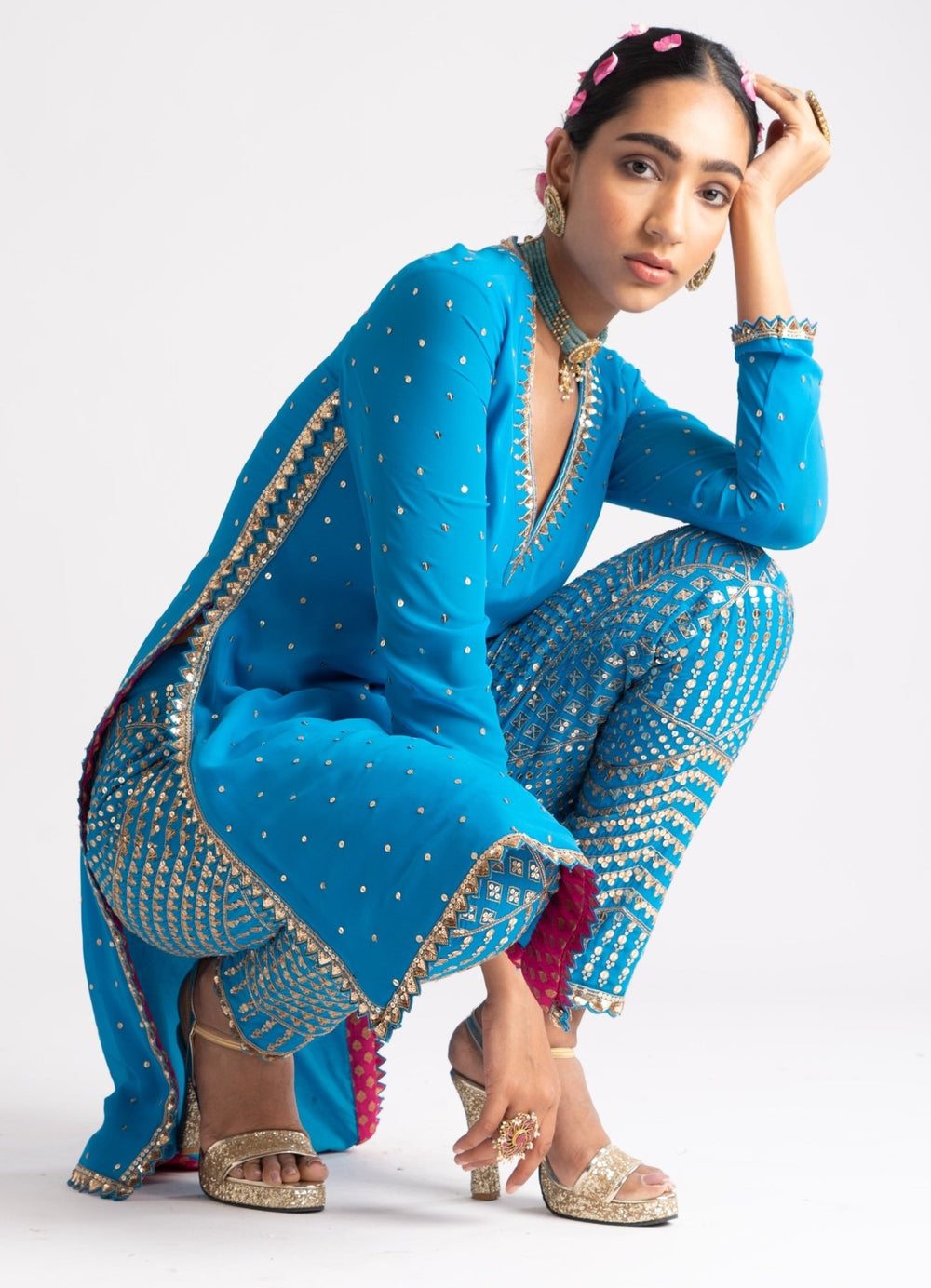 Firozi Blue Multi Geo Pant Kurta Set Vvani by Vani Vats - Fabilicious Fashion