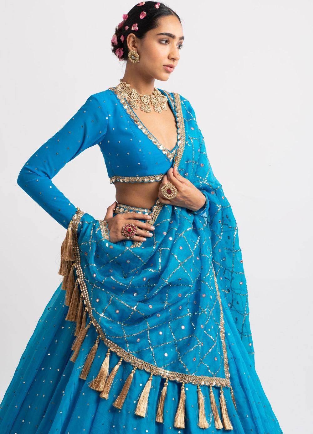 Firozi Blue Silk Organza Heavy Dupatta Lehenga Set Vvani by Vani Vats - Fabilicious Fashion