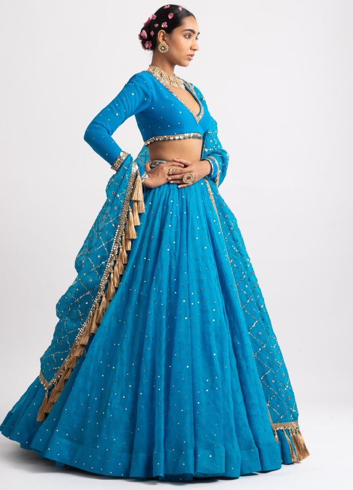 Firozi Blue Silk Organza Heavy Dupatta Lehenga Set Vvani by Vani Vats - Fabilicious Fashion