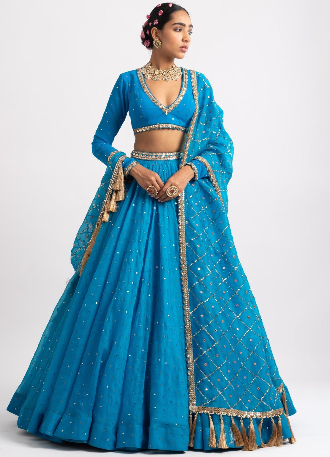 Firozi Blue Silk Organza Heavy Dupatta Lehenga Set Vvani by Vani Vats - Fabilicious Fashion