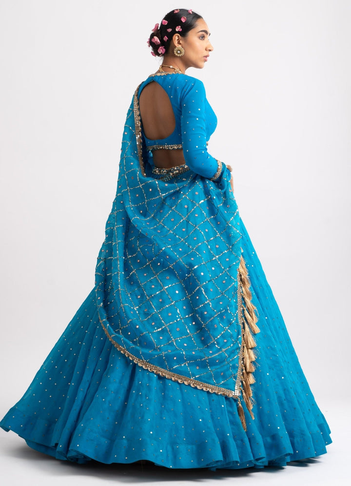 Firozi Blue Silk Organza Heavy Dupatta Lehenga Set Vvani by Vani Vats - Fabilicious Fashion