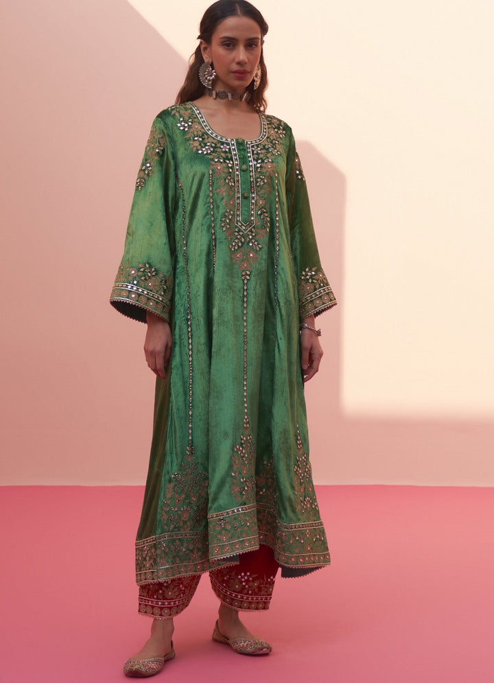 Firozi Green And Red Velvet Kurta Set Angad Singh - Fabilicious Fashion