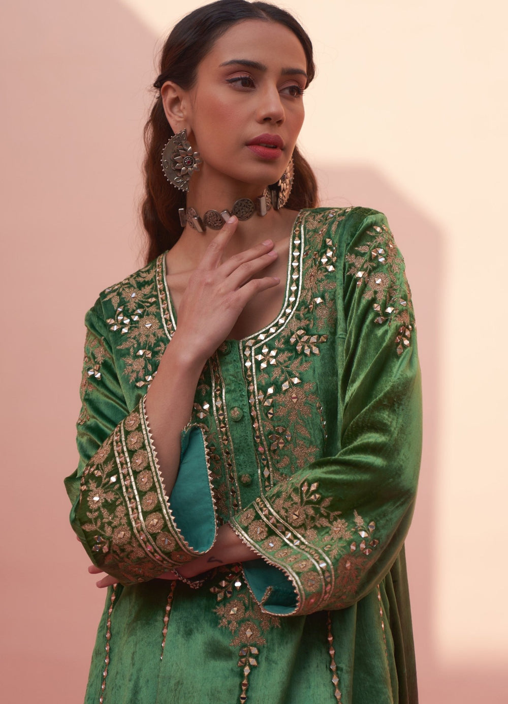 Firozi Green And Red Velvet Kurta Set Angad Singh - Fabilicious Fashion