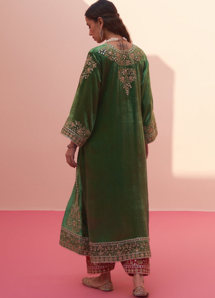 Firozi Green And Red Velvet Kurta Set Angad Singh - Fabilicious Fashion