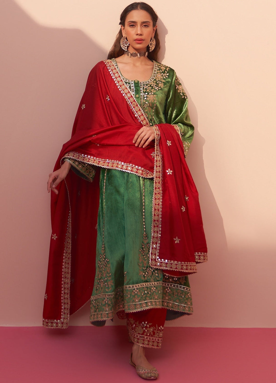 Firozi Green And Red Velvet Kurta Set Angad Singh - Fabilicious Fashion