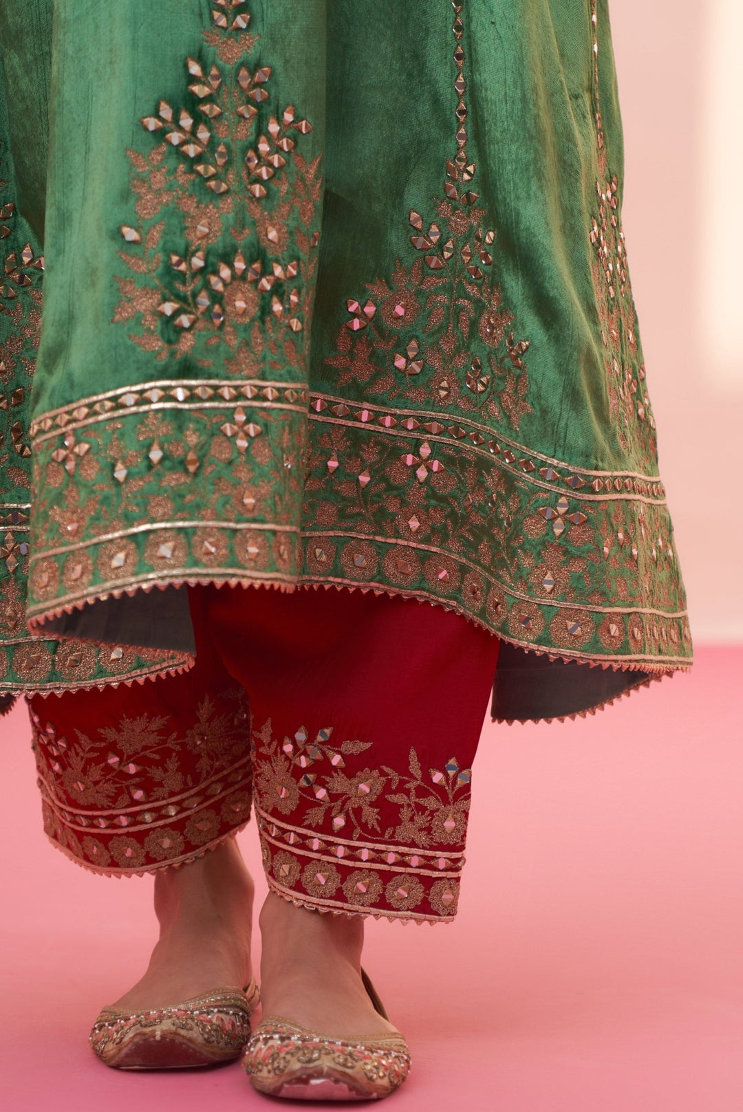 Firozi Green And Red Velvet Kurta Set Angad Singh - Fabilicious Fashion