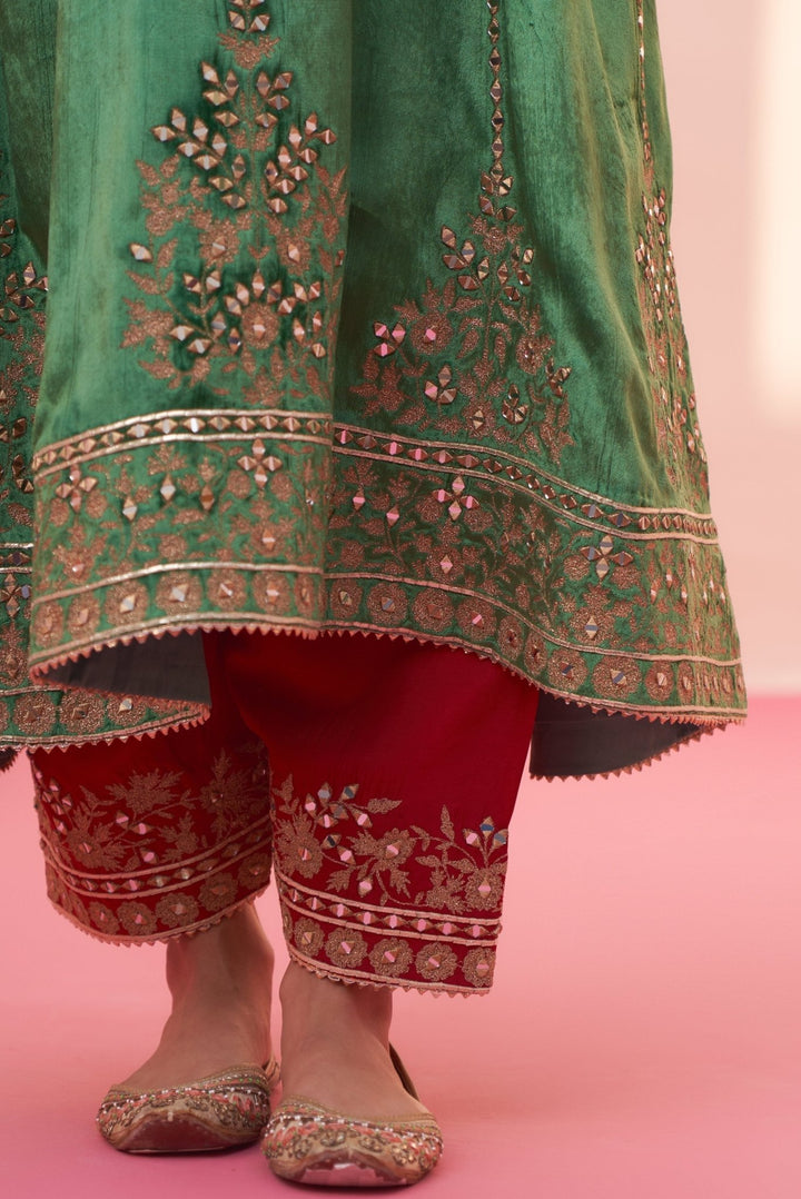 Firozi Green And Red Velvet Kurta Set Angad Singh - Fabilicious Fashion