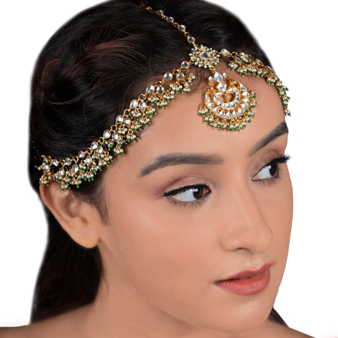 Floral Kundan with Green Hangings Mathapatti Riana by Shikha Jindal - Fabilicious Fashion