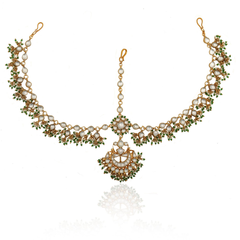 Floral Kundan with Green Hangings Mathapatti Riana by Shikha Jindal - Fabilicious Fashion