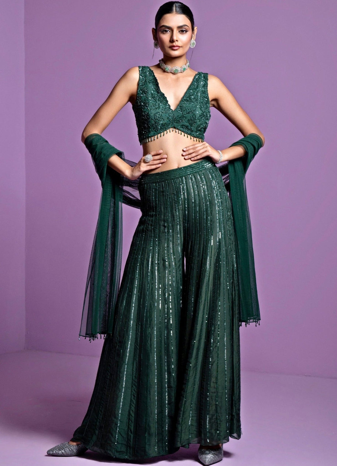 Forest Green Leaf Motif Embroidered Pant Set Parul Gandhi - Fabilicious Fashion