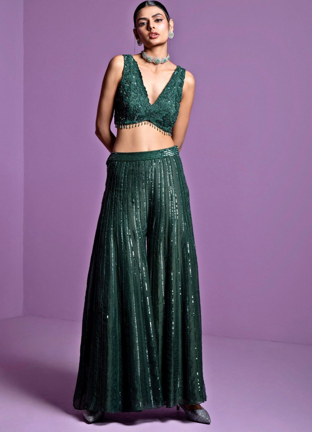 Forest Green Leaf Motif Embroidered Pant Set Parul Gandhi - Fabilicious Fashion