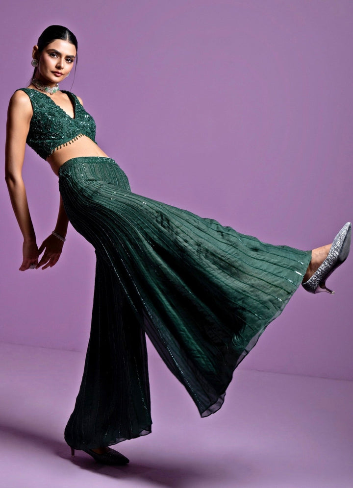 Forest Green Leaf Motif Embroidered Pant Set Parul Gandhi - Fabilicious Fashion